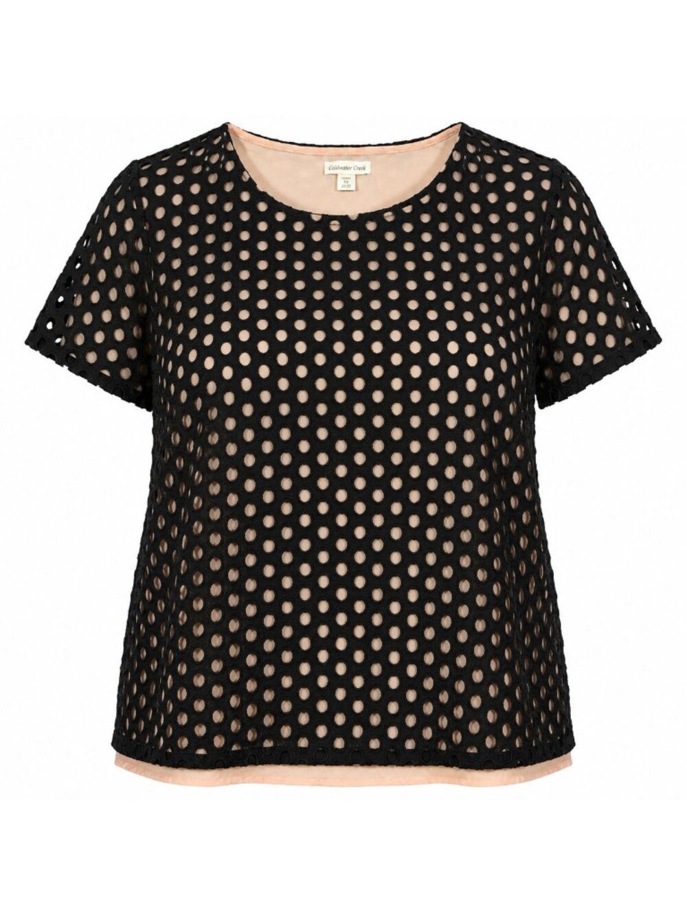 Coldwater Creek Women's Plus 2X Black Beige Eyelet Mesh Overlay Lined Blouse
